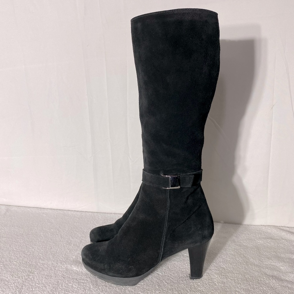 Vintage 90s C La Canadienne Black Suede Round Toe Chunky Heel Knee High Boots 10 - Picture 5 of 14